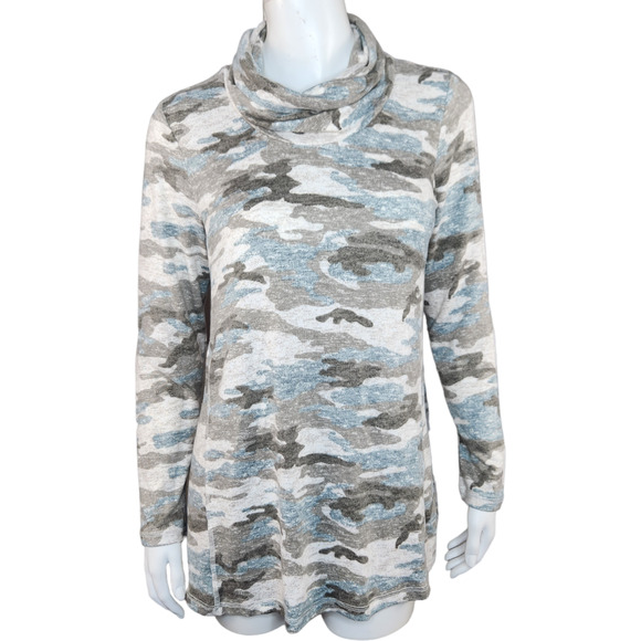 Susan Graver Weekend Regular Neutral Camo Sweater Knit Cowl-Neck Tunic X-Small - Picture 1 of 14
